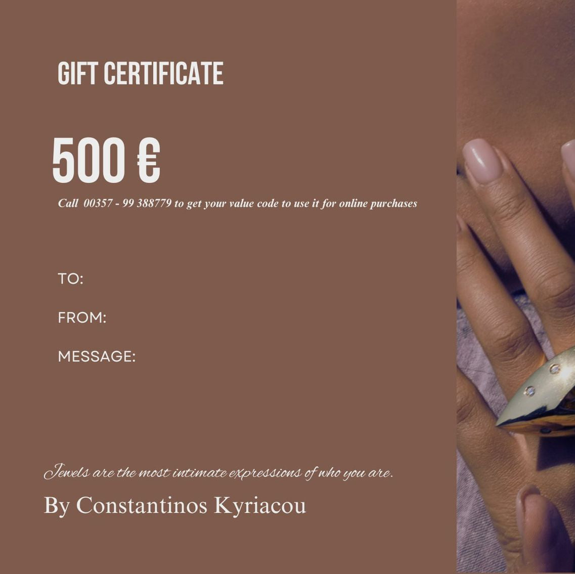 A gift card worth €500 from Constantinos Kyriacou, shown in a stylish presentation with a ring illustration in the background.