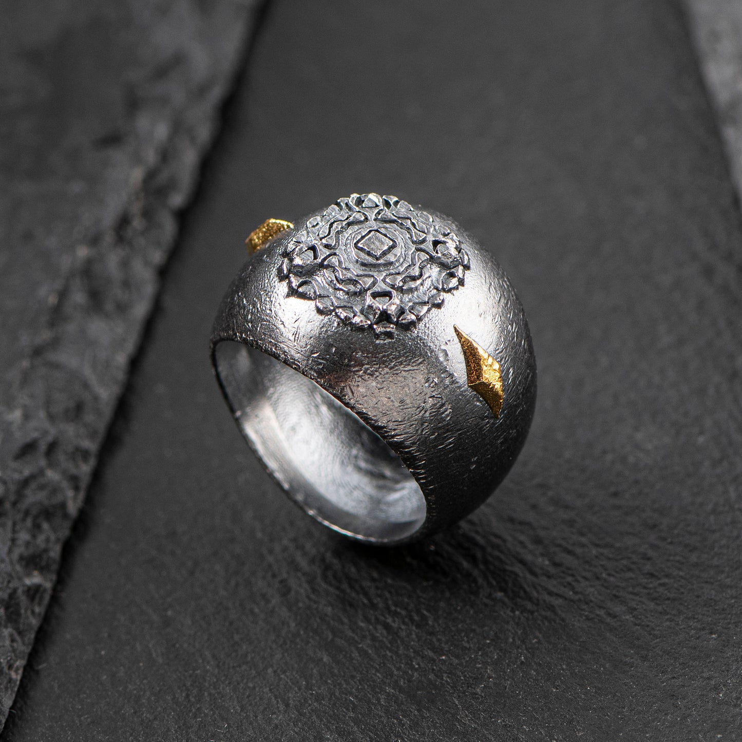 Harmony and Synchronicity. Simplified version. Pure Silver (999.9)  with 24ct gold details for energetic enhancement. Ring by Constantinos Kyriacou