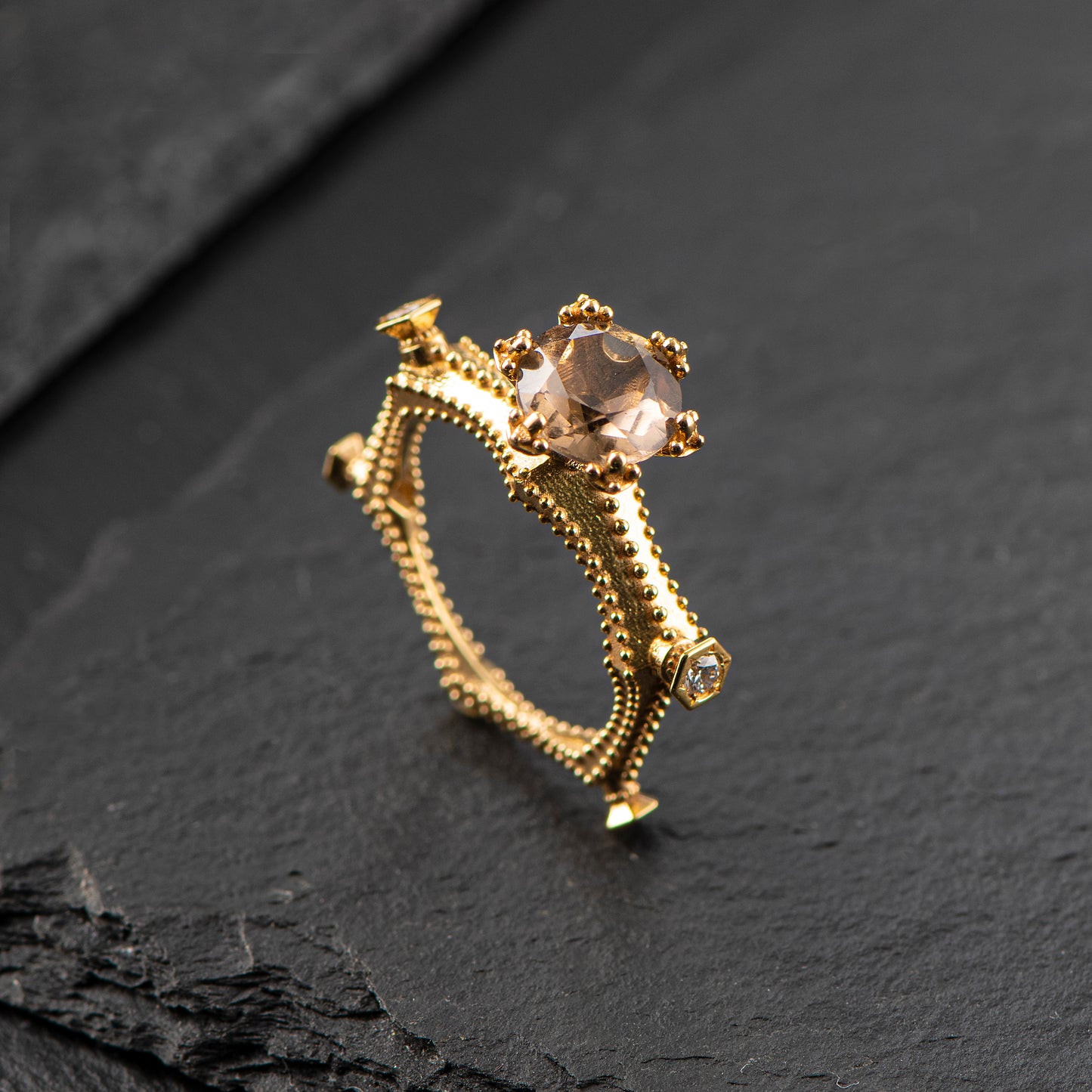 18ct Gold Ring with Smokey Quartz and Diamonds - 'That Which Is' Collection