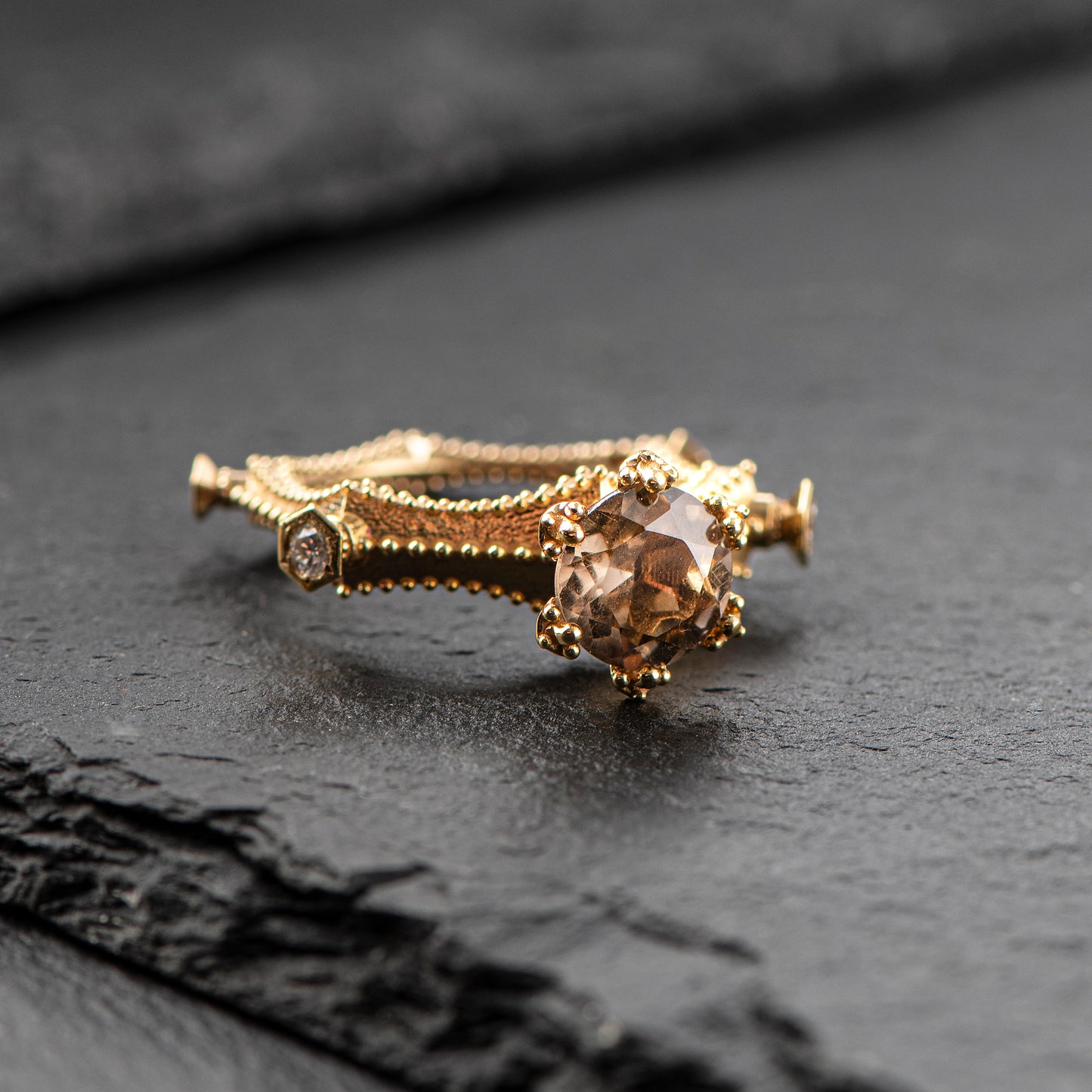 18ct Gold Ring with Smokey Quartz and Diamonds - 'That Which Is' Collection