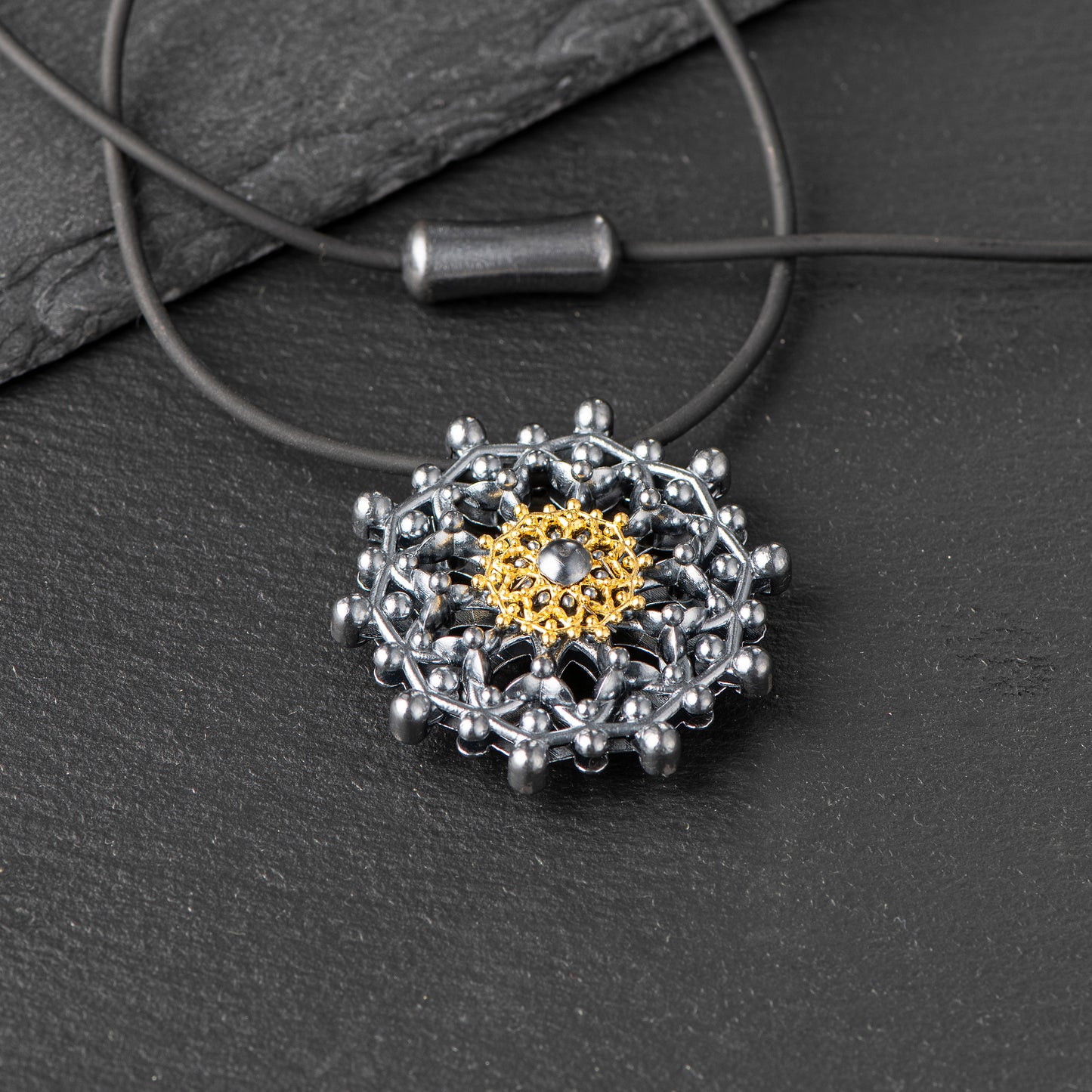 Pure Silver Pendant (999.9) with 24ct Gold Disc - 40mm, Oxidized Finish, Inspired by Water Molecules Under 432Hz Frequency