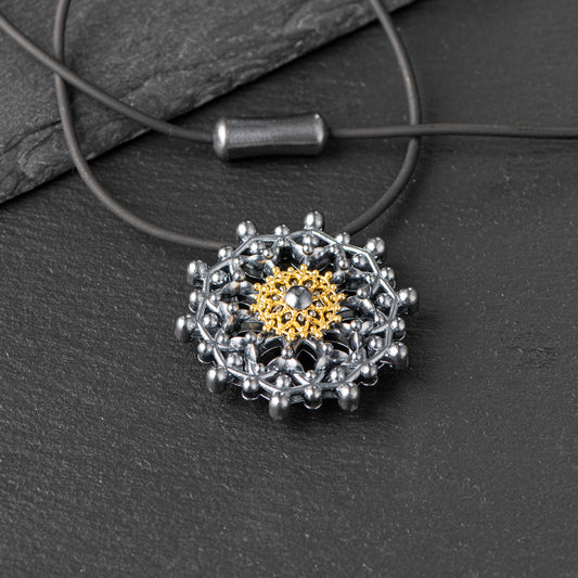 Pure Silver Pendant (999.9) with 24ct Gold Disc - 46mm, Oxidized Finish, Inspired by Water Molecules Under 432Hz Frequency