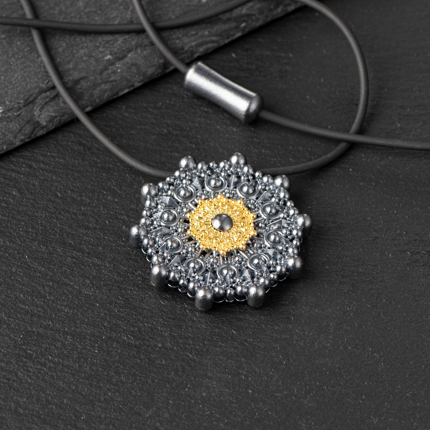 Pure Silver Pendant (999.9) with 24ct Gold Disc - 40mm, Oxidized Finish, Inspired by Water Molecules Under 528Hz Frequency