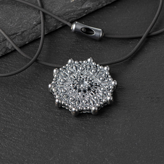 Pure Silver Pendant (999.9) - Available in 46mm and 24mm, Oxidized Finish, Inspired by Water Molecules Under 528Hz Frequency