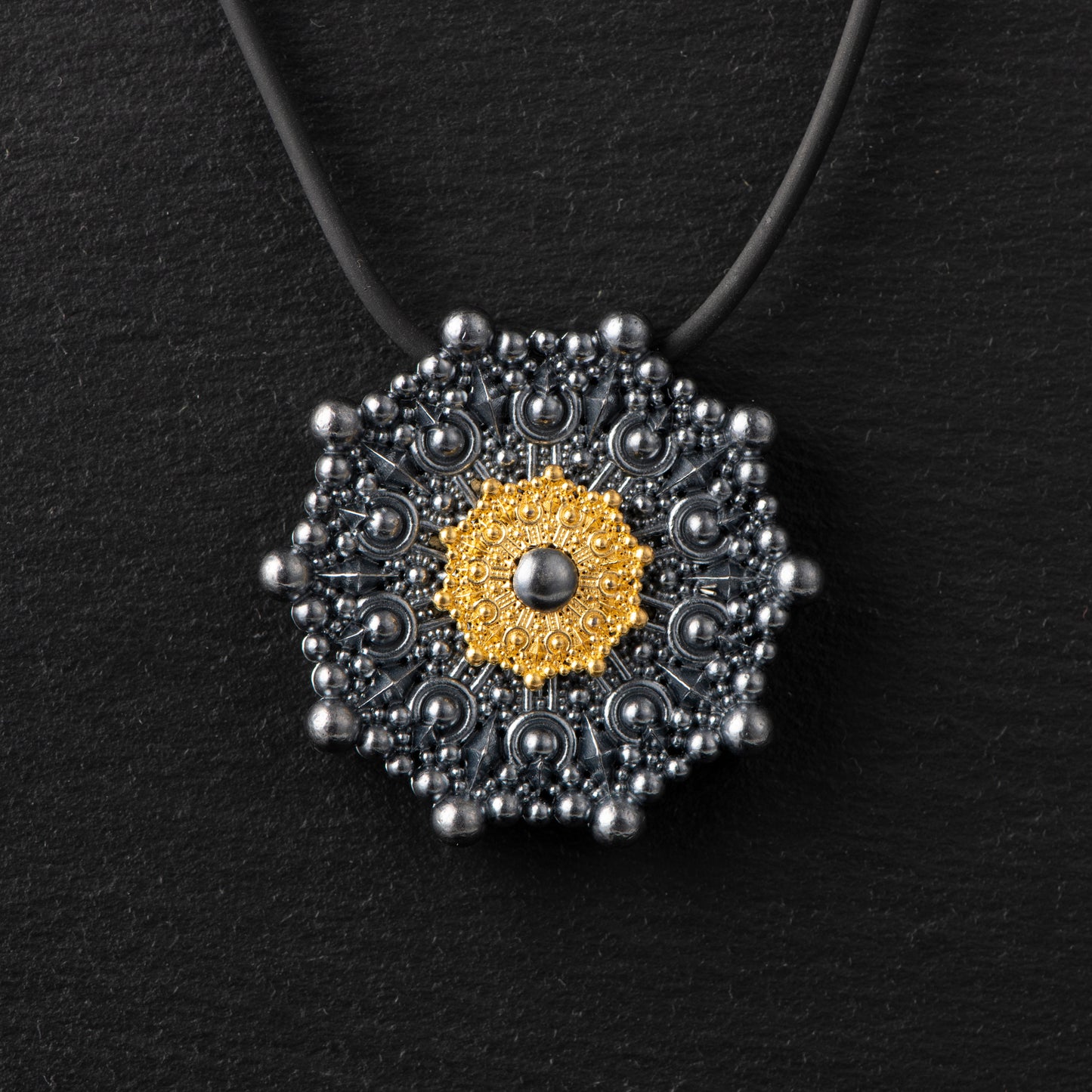 Pure Silver Pendant (999.9) with 24ct Gold Disc - 40mm, Oxidized Finish, Inspired by Water Molecules Under 528Hz Frequency