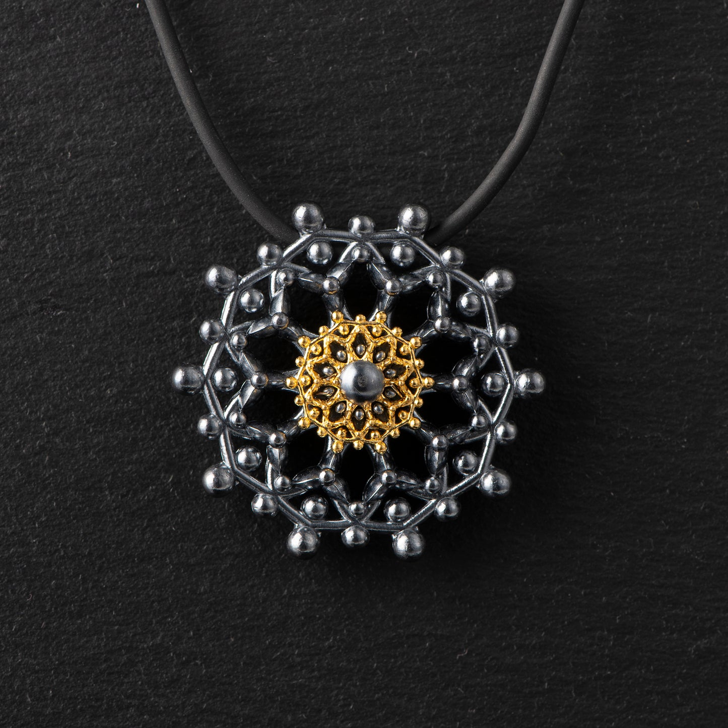 Pure Silver Pendant (999.9) with 24ct Gold Disc - 40mm, Oxidized Finish, Inspired by Water Molecules Under 432Hz Frequency