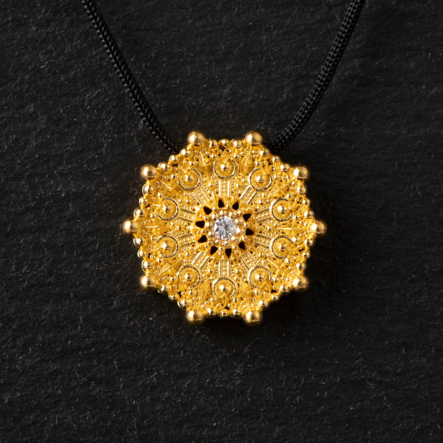 Pure Gold Pendant (24ct) - 16mm, Featuring a 0.04ct VVS2 Diamond, Inspired by Water Molecules Under 528Hz Frequency