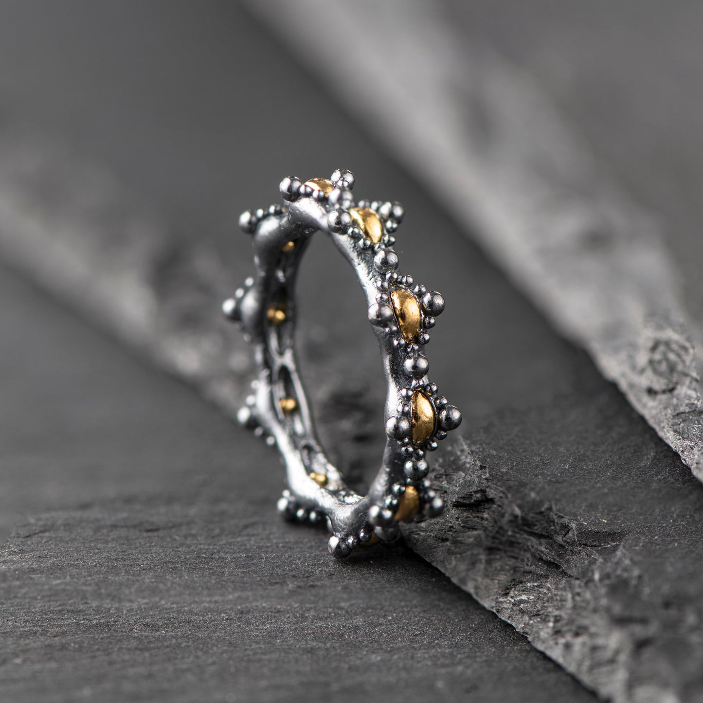 "Smiling Extrovert" Ring - Pure Oxidized Silver with 24ct Gold Details - The Fractal Moment Collection