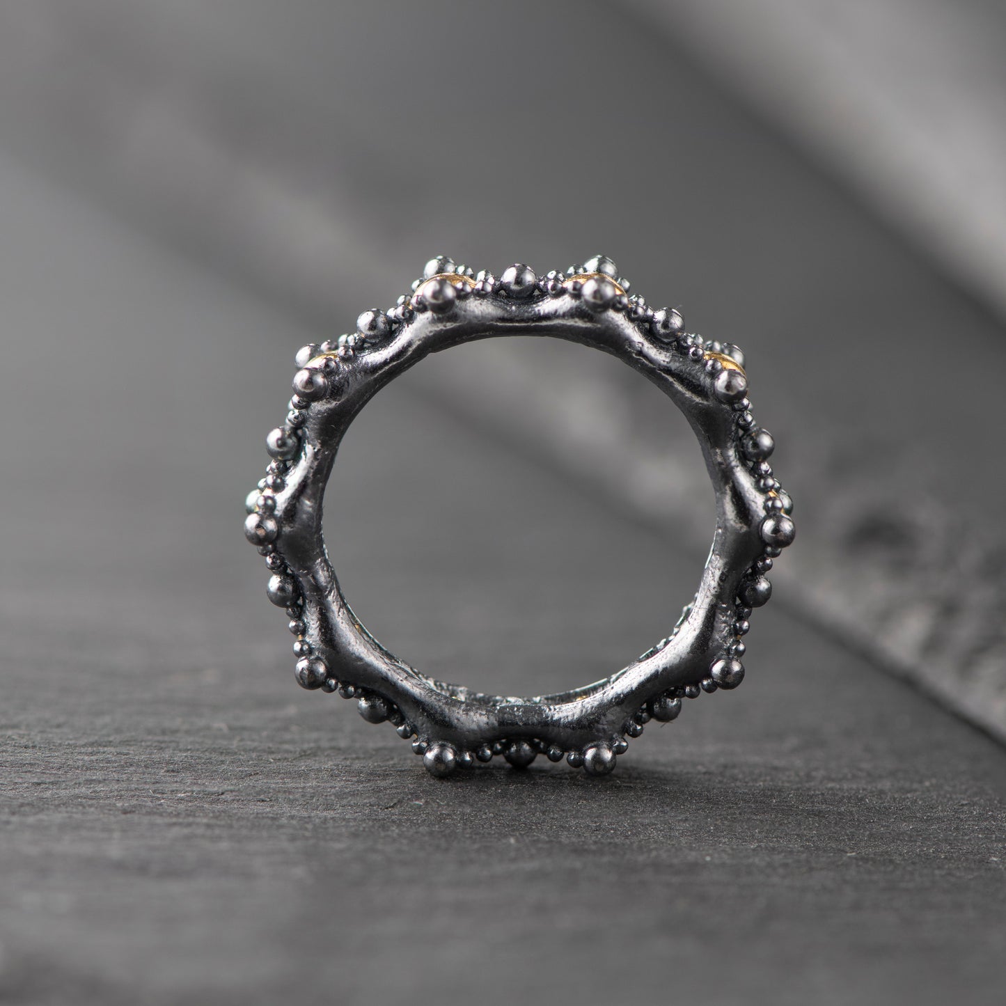 "Smiling Extrovert" Ring - Pure Oxidized Silver with 24ct Gold Details - The Fractal Moment Collection