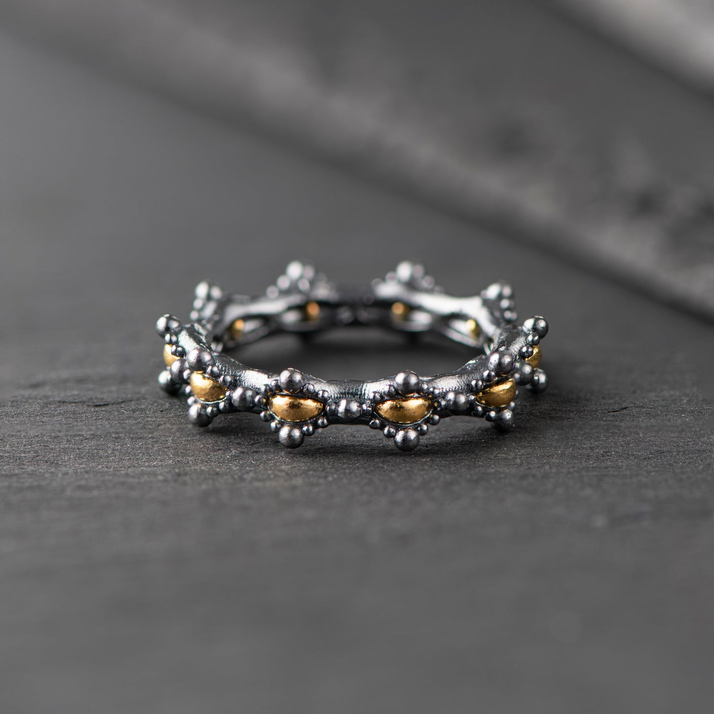 "Smiling Extrovert" Ring - Pure Oxidized Silver with 24ct Gold Details - The Fractal Moment Collection