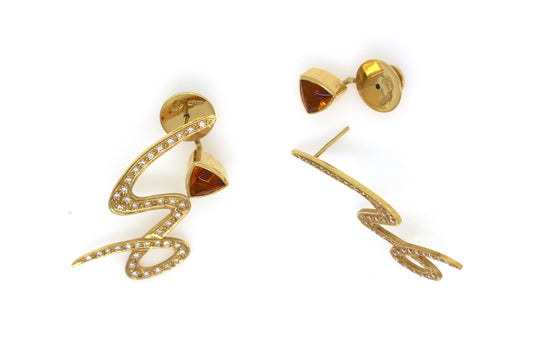 18ct gold earrings by Constantinos Kyriacou. With Citrine and diamonds. 2001.